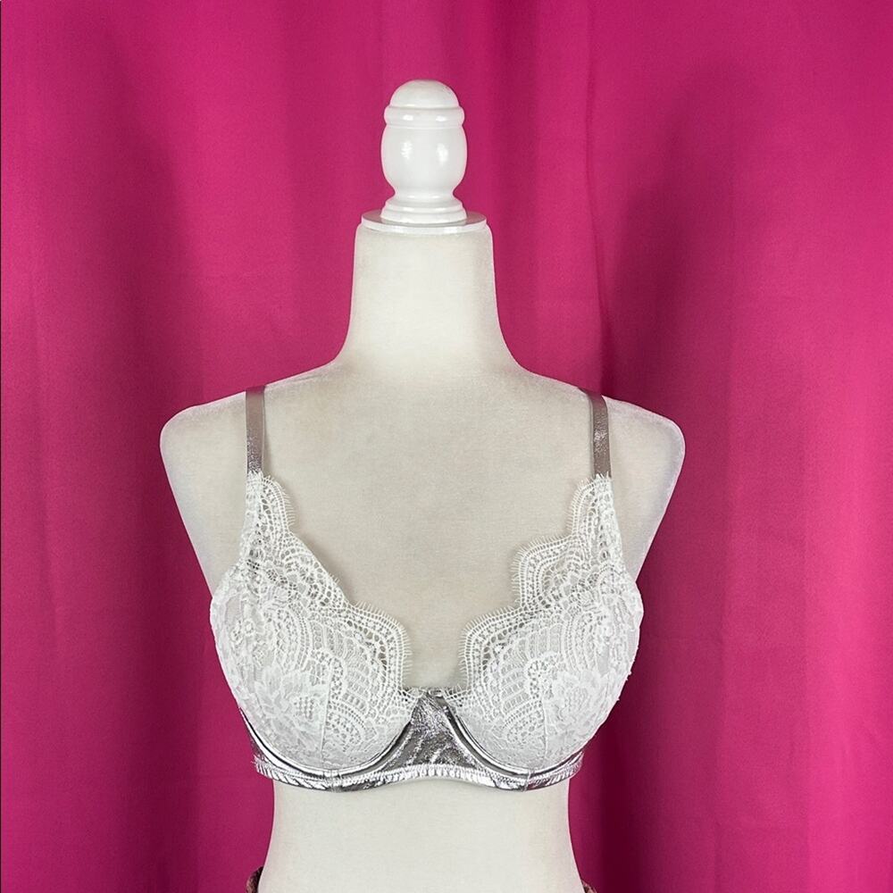 Vs Victoria's Secret Dream Angels lined demi bra in white lace and silver, 36C